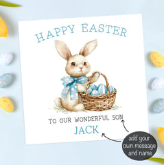 Blue Bunny With Basket Easter Card (Personalised)