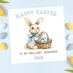 Blue Bunny With Basket Easter Card (Personalised)