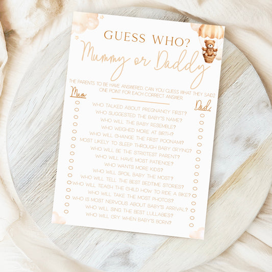 Guess Who Mummy Or Daddy Baby Shower Game - Teddy In Hot Air Balloon Neutral