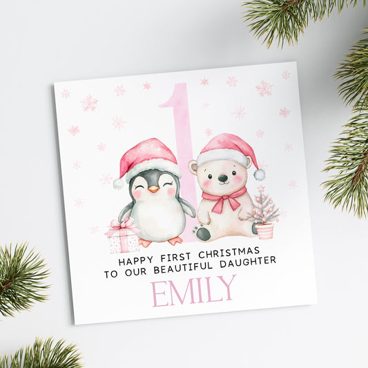 Pink Penguin & Bear 1st Christmas Card (personalised)