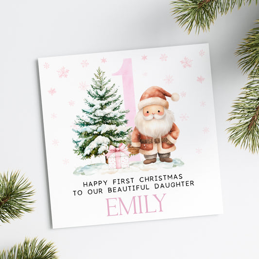 Pink Santa 1st Christmas Card (Personalised)