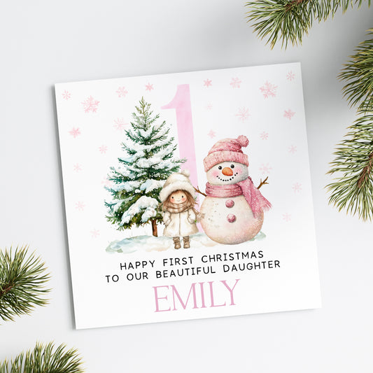 Pink Snowman 1st Christmas Card (Personalised)