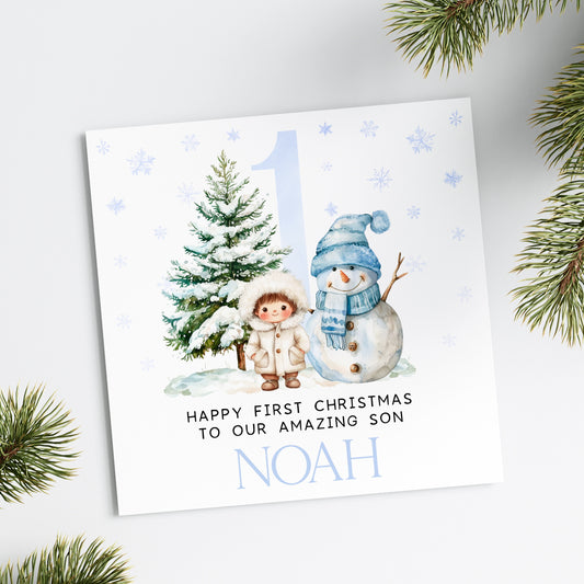 Blue Snowman 1st Christmas Card (Personalised)