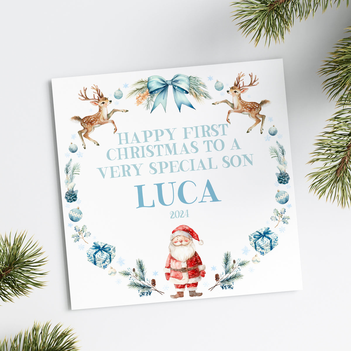 Blue Santa Reindeer Ring Christmas Card (Personalised)