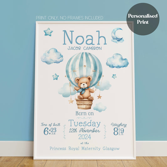 Blue Teddy In Hot Air Balloon Birth Details Print (Personalised)