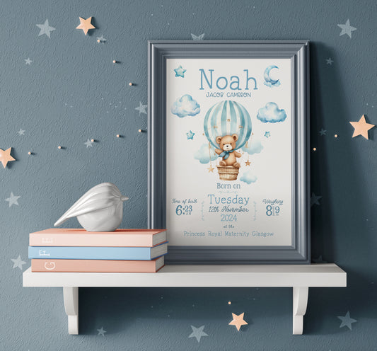 Blue Teddy In Hot Air Balloon Birth Details Print (Personalised)