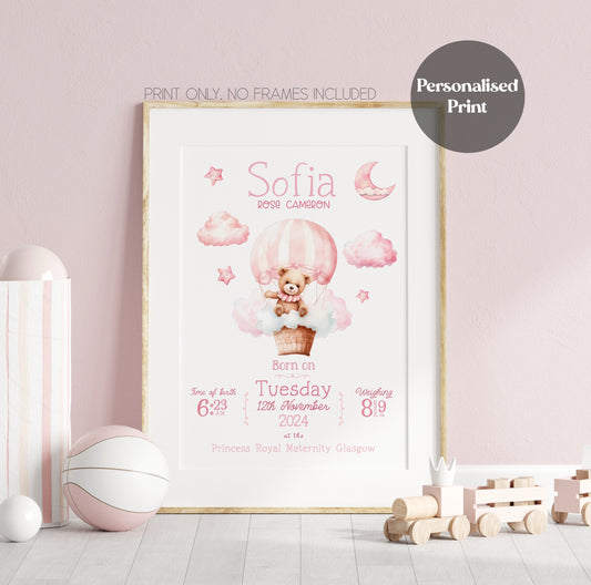 Pink Teddy In Hot Air Balloon Birth Details Print (Personalised)