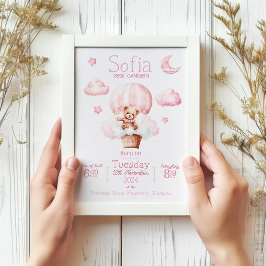 Pink Teddy In Hot Air Balloon Birth Details Print (Personalised)