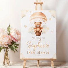 Baby Shower Welcome Sign Print (Personalised) - Teddy In Hot Air Balloon Neutral
