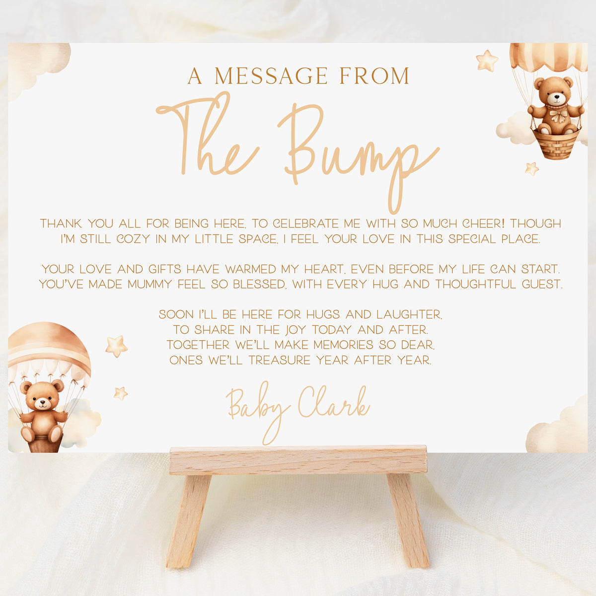 Message From Bump Baby Shower Sign (Personalised) - Teddy In Hot Air Balloon Neutral