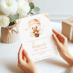 Baby Shower Invitations (Personalised) - Teddy In Hot Air Balloon Neutral