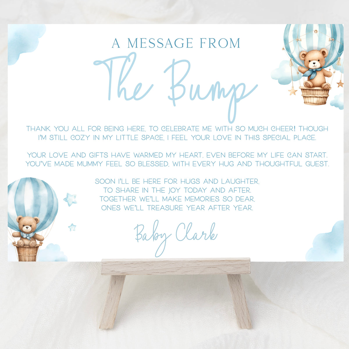 Message From Bump Baby Shower Sign (Personalised) - Teddy In Hot Air Balloon Blue