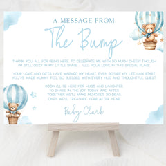 Message From Bump Baby Shower Sign (Personalised) - Teddy In Hot Air Balloon Blue