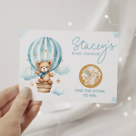 Baby Shower Scratch cards (Personalised) - Teddy In Hot Air Balloon Blue