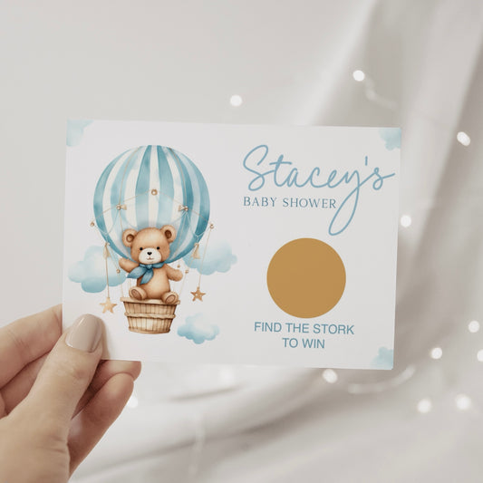 Baby Shower Scratch cards (Personalised) - Teddy In Hot Air Balloon Blue