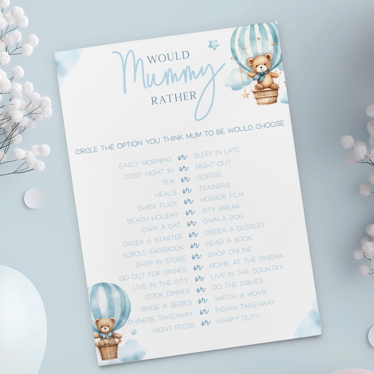 Would Mummy Rather Baby Shower Game (Personalised) - Teddy In Hot Air Balloon Blue