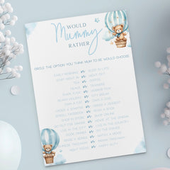 Would Mummy Rather Baby Shower Game (Personalised) - Teddy In Hot Air Balloon Blue