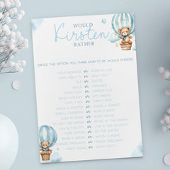 Would Mummy Rather Baby Shower Game (Personalised) - Teddy In Hot Air Balloon Blue