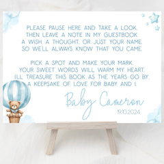 Baby Shower Guest Book Sign (Personalised) - Teddy In Hot Air Balloon Blue