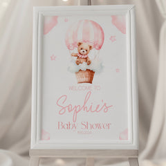 Baby Shower Welcome Sign Print (Personalised) - Teddy In Hot Air Balloon Pink