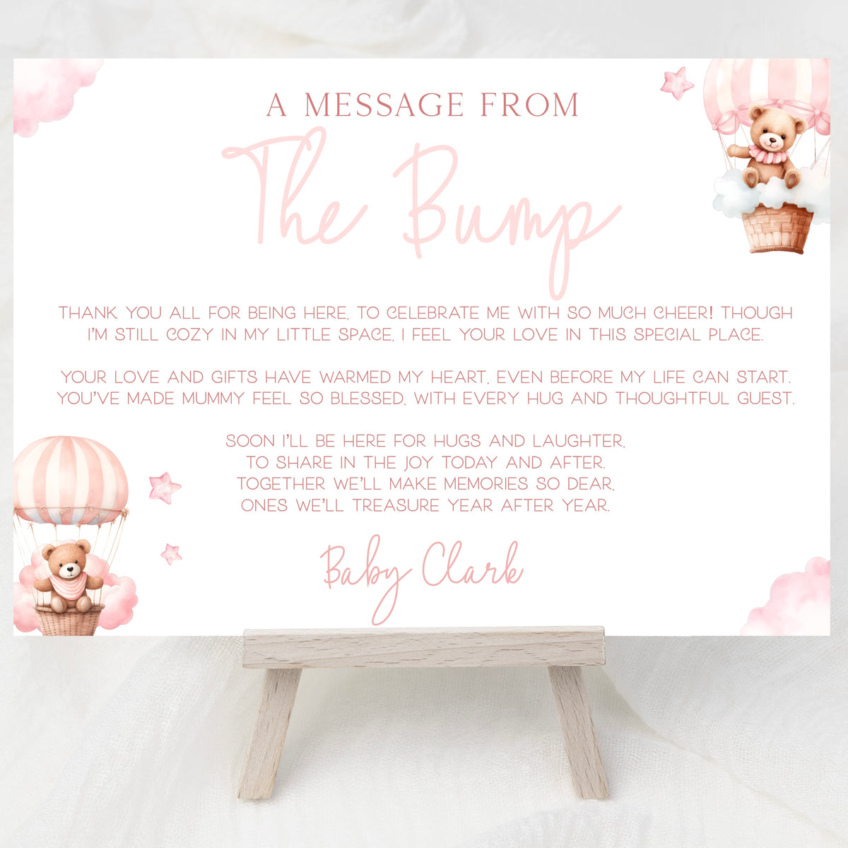 Message From Bump Baby Shower Sign (Personalised) - Teddy In Hot Air Balloon Pink