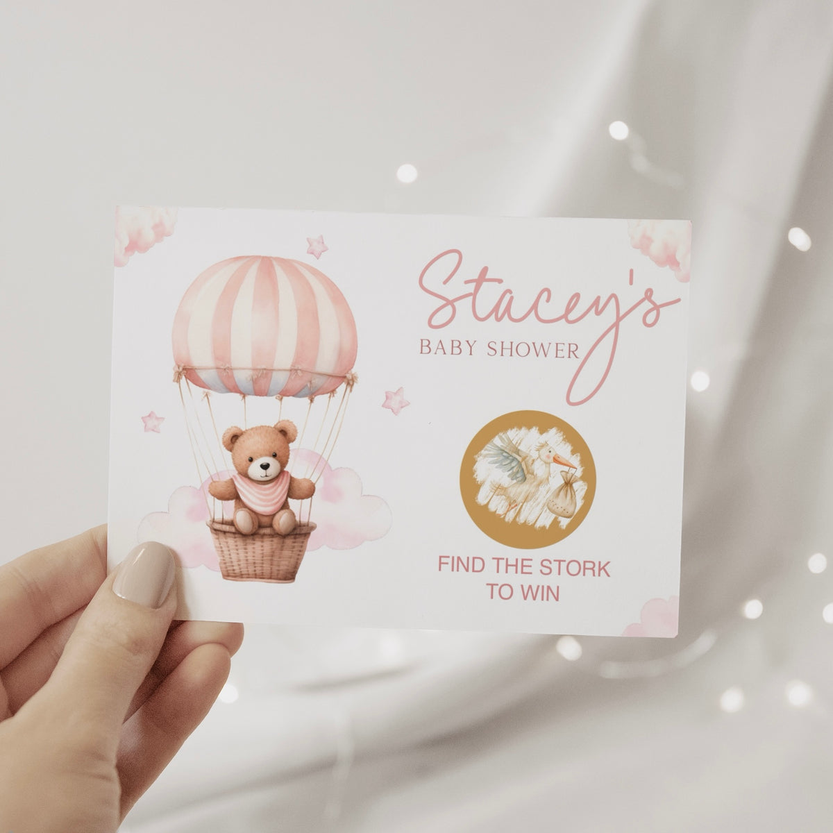 Baby Shower Scratch cards (Personalised) - Teddy In Hot Air Balloon Pink