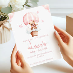 Baby Shower Invitations (Personalised) - Teddy In Hot Air Balloon Pink