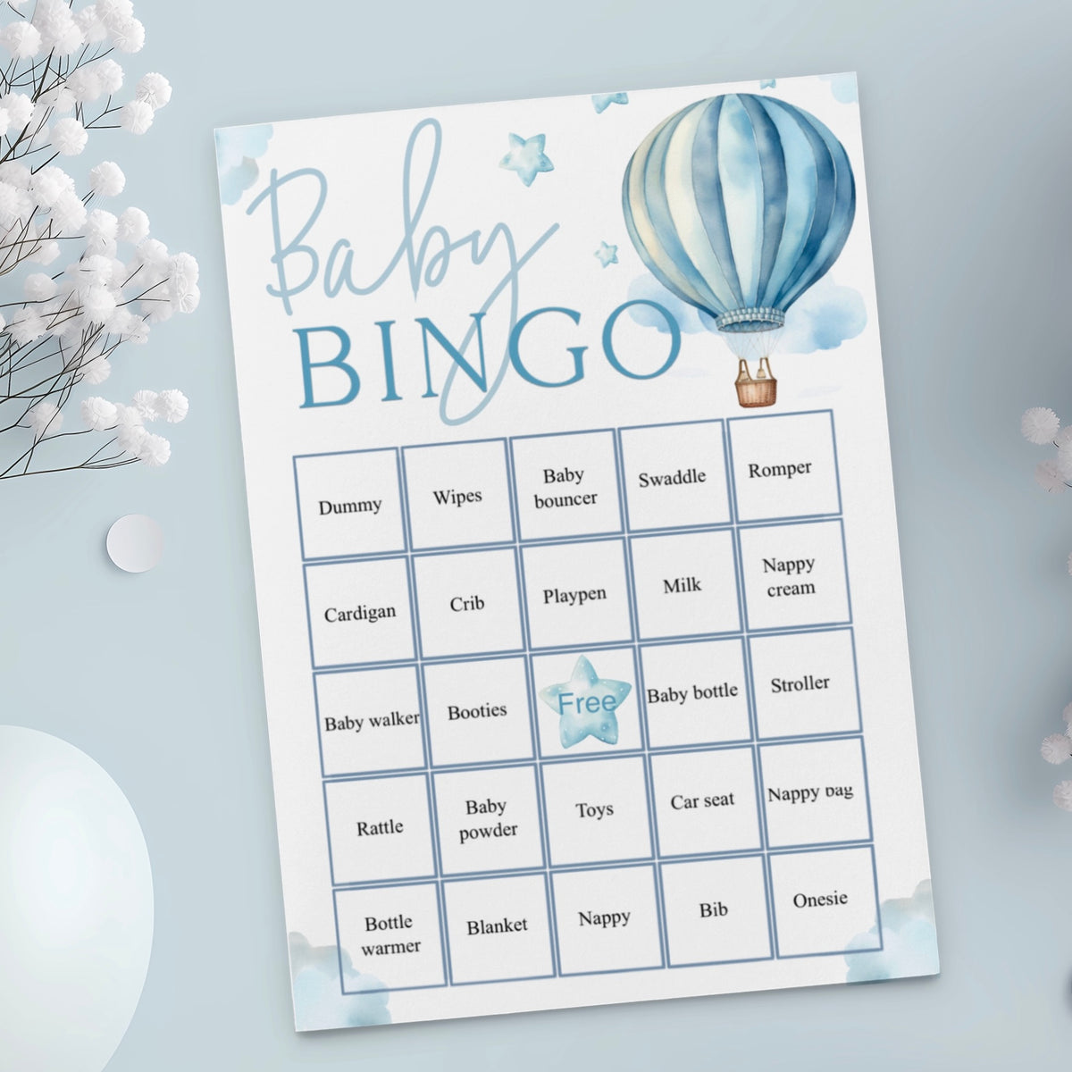 Baby Bingo Baby Shower Game - Hot Air Balloon Blue