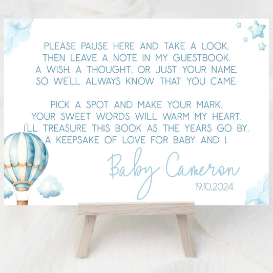 Baby Shower Guest Book Sign (Personalised) - Hot Air Balloon Blue