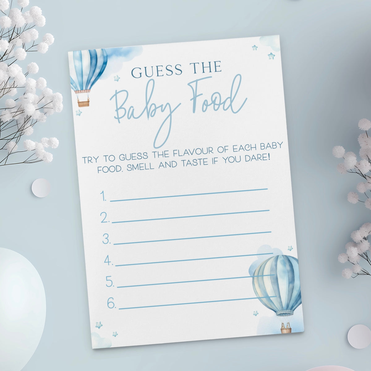 Guess The Baby Food Baby Shower Game - Hot Air Balloon Blue