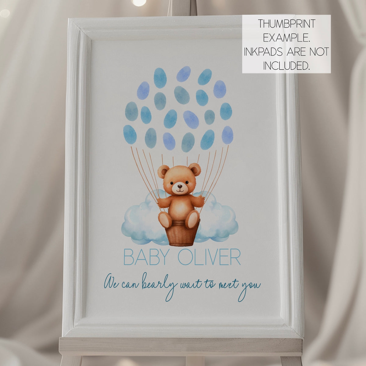 Baby Shower Thumbprint Guestbook (Personalised) - Teddy In Hot Air Balloon Blue