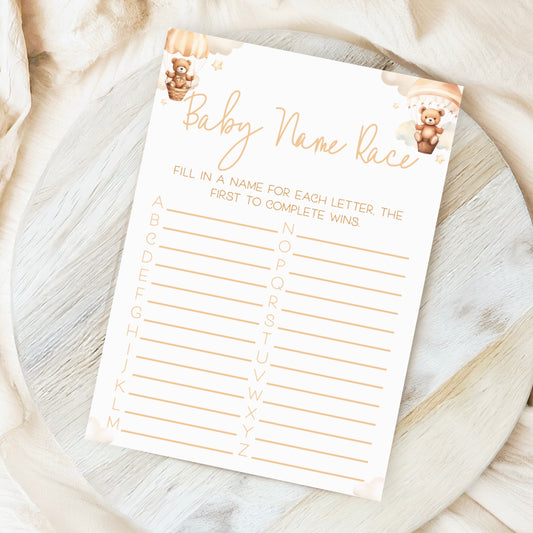 Baby Name Race Baby Shower Game - Teddy In Hot Air Balloon Neutral