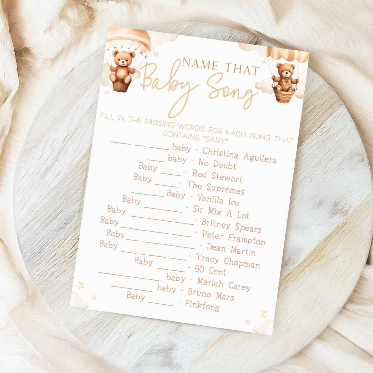 Name That Baby Song Baby Shower Game - Teddy In Hot Air Balloon Neutral