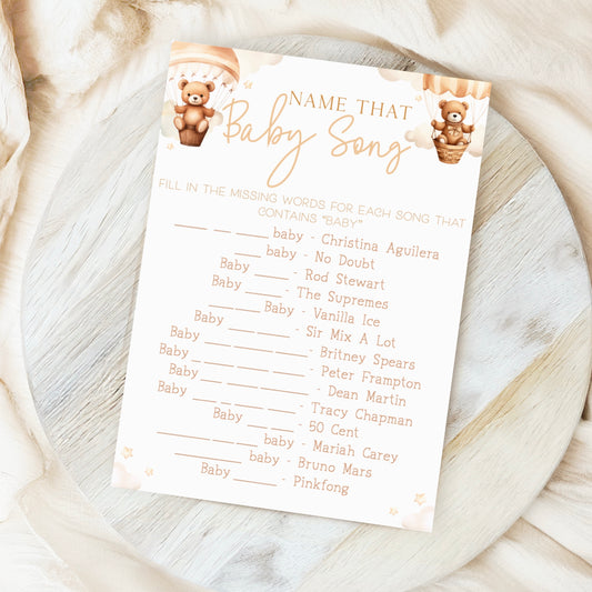 Name That Baby Song Baby Shower Game - Teddy In Hot Air Balloon Neutral