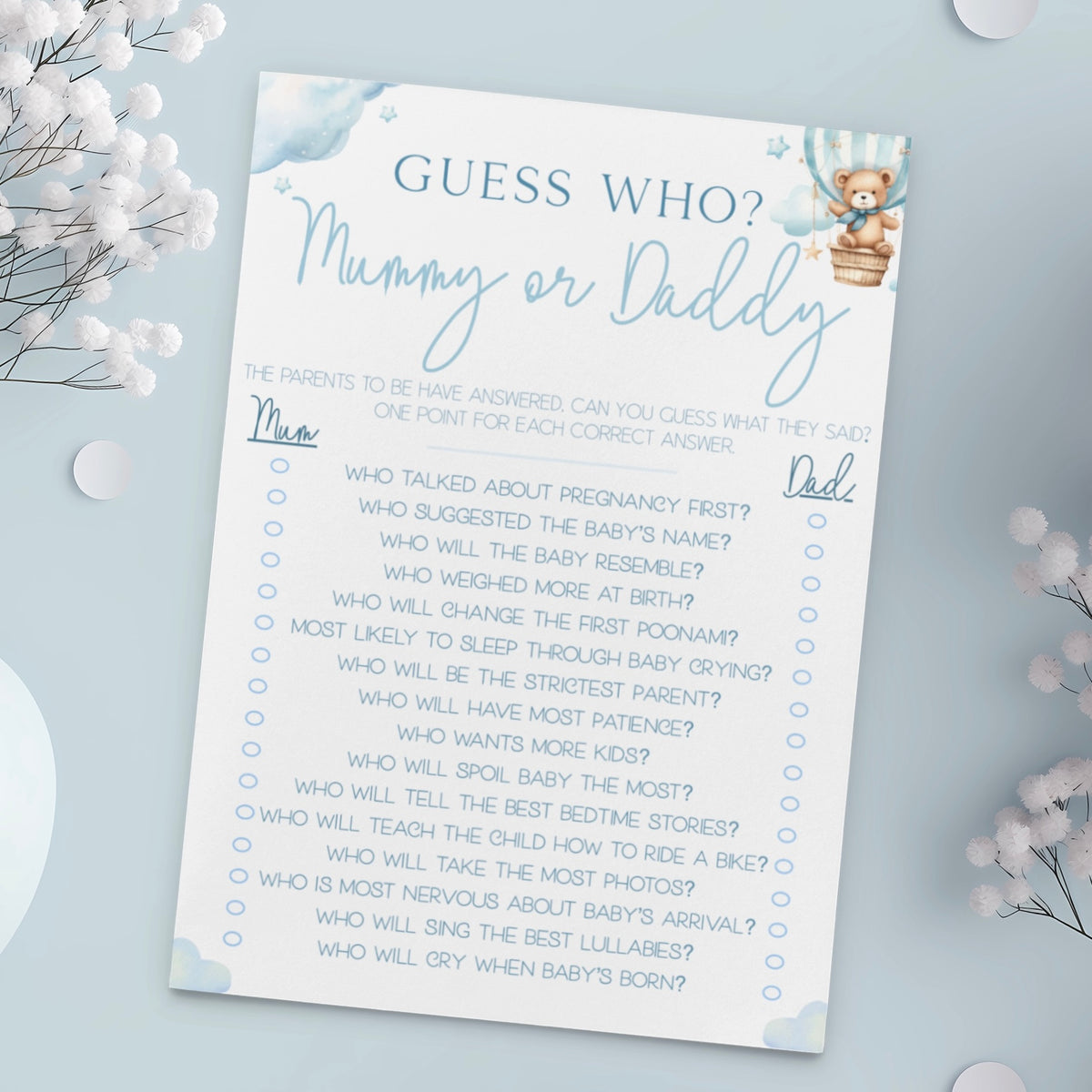 Guess Who Mummy Or Daddy Baby Shower Game - Teddy In Hot Air Balloon Blue