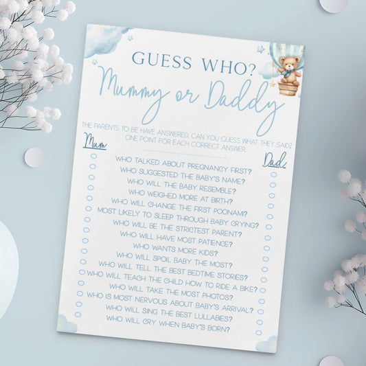 Guess Who Mummy Or Daddy Baby Shower Game - Teddy In Hot Air Balloon Blue