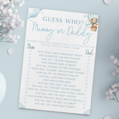 Guess Who Mummy Or Daddy Baby Shower Game - Teddy In Hot Air Balloon Blue