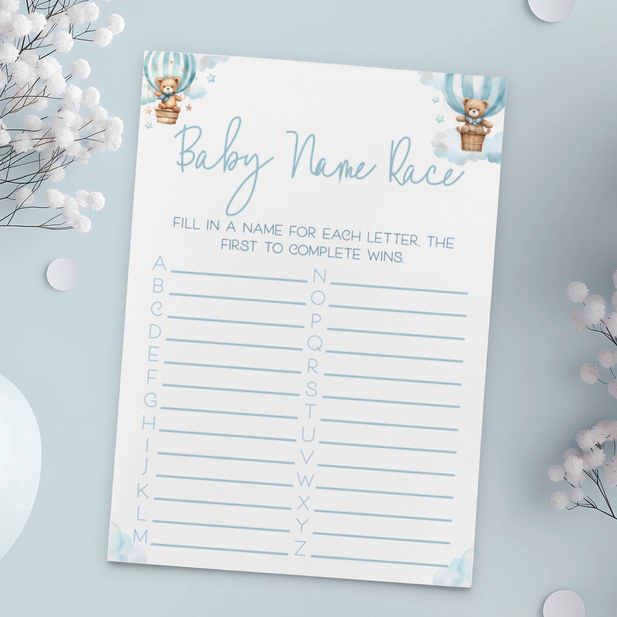 Baby Name Race Baby Shower Game - Teddy In Hot Air Balloon Blue