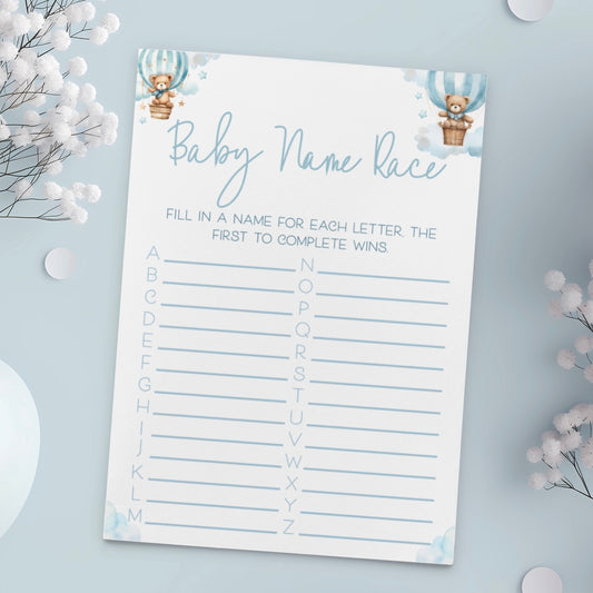 Baby Name Race Baby Shower Game - Teddy In Hot Air Balloon Blue