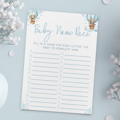 Baby Name Race Baby Shower Game - Teddy In Hot Air Balloon Blue