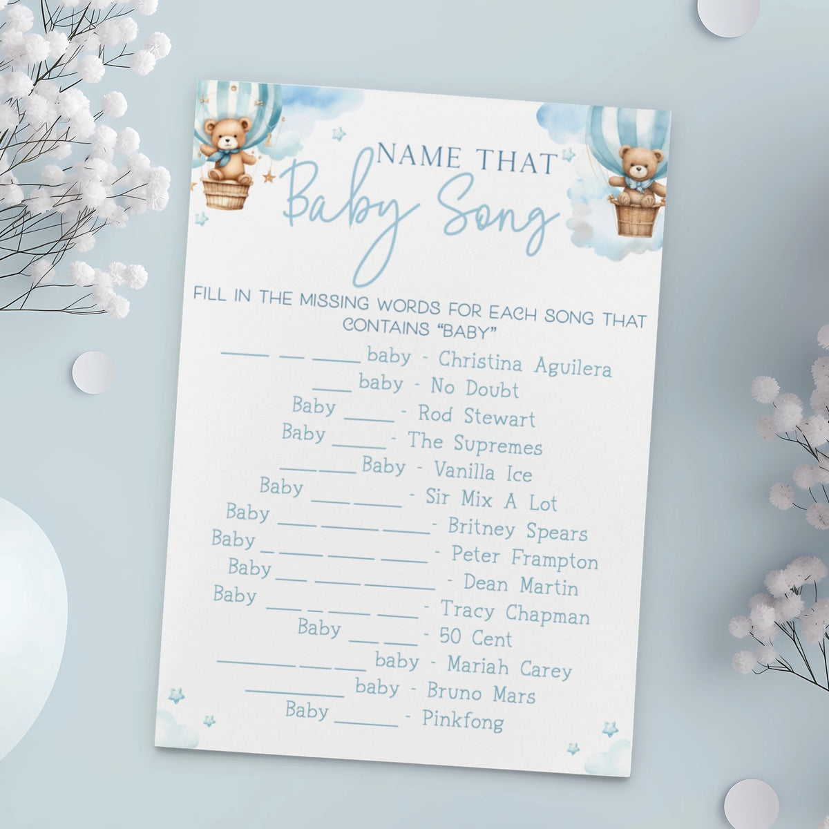 Name That Baby Song Baby Shower Game - Teddy In Hot Air Balloon Blue