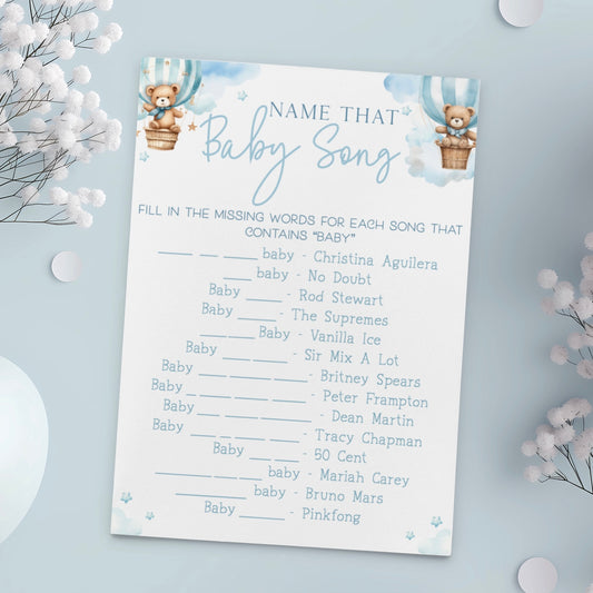 Name That Baby Song Baby Shower Game - Teddy In Hot Air Balloon Blue