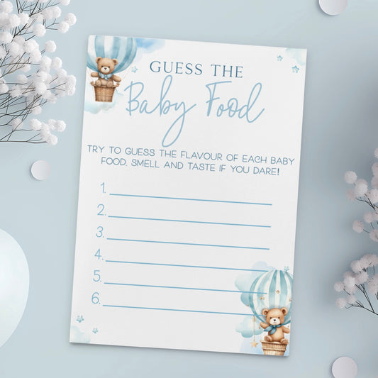 Guess The Baby Food Baby Shower Game - Teddy In Hot Air Balloon Blue