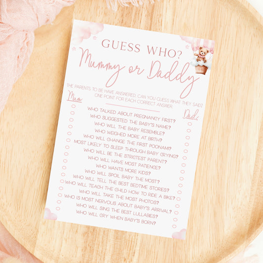 Guess Who Mummy Or Daddy Baby Shower Game - Teddy In Hot Air Balloon Pink