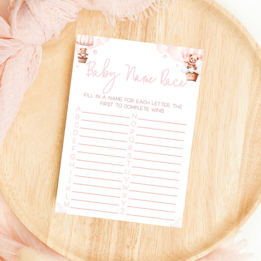 Baby Name Race Baby Shower Game - Teddy In Hot Air Balloon Pink