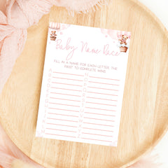 Baby Name Race Baby Shower Game - Teddy In Hot Air Balloon Pink