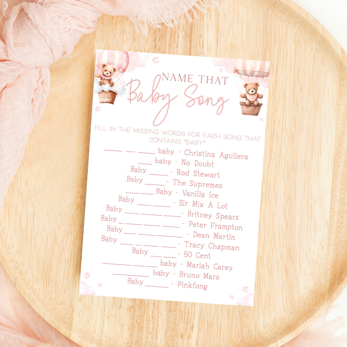 Name That Baby Song Baby Shower Game - Teddy In Hot Air Balloon Pink