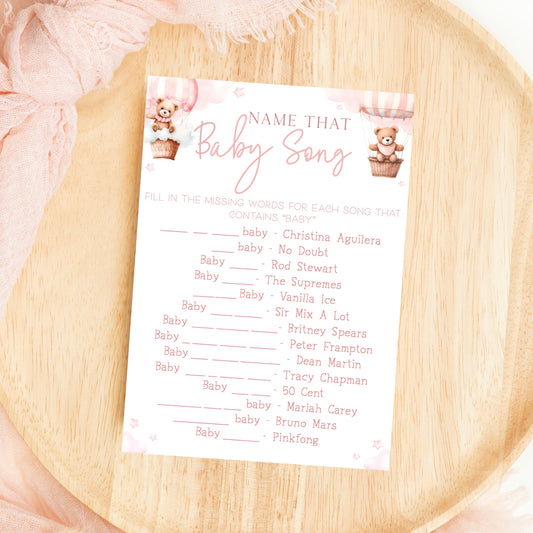 Name That Baby Song Baby Shower Game - Teddy In Hot Air Balloon Pink