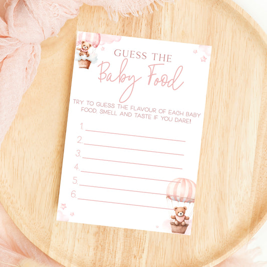 Guess The Baby Food Baby Shower Game - Teddy In Hot Air Balloon Pink