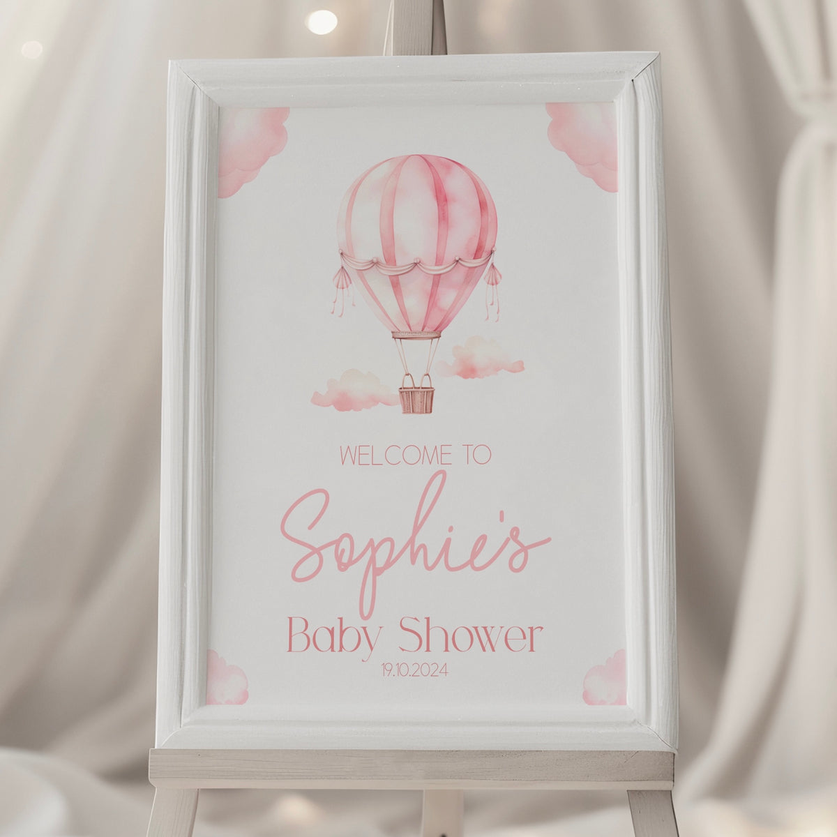 Baby Shower Welcome Sign Print (Personalised) - Hot Air Balloon Pink